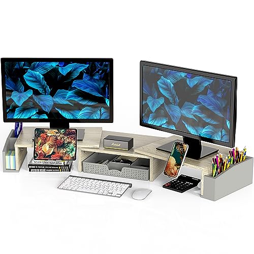 Simple Houseware Desk Dual Monitor Stand Riser with Drawer, Maple - color: Maple