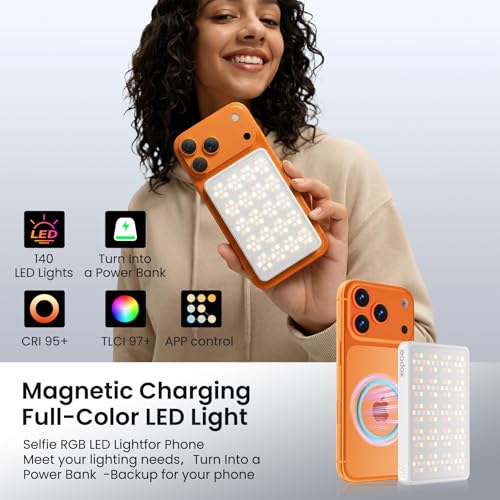 Selfie Phone Light with Magnetic,140 LED 1800K-10000K 4900mAh + Power Bank RGB Video Light CRI 96+ Professional Portable Lighting for Camera, TikTok, Vlog, Makeup, Zoom,Selfie - size: 140 Led