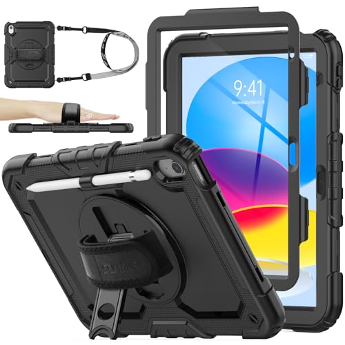 SEYMAC stock Case for iPad (A16) 11th/10th Generation 11''/10.9'' 2025/2022, Full-Body Drop Protection Case with Screen Protector &360° Rotate Hand Strap/Stand, Black - color: Black, size: Case for iPad (A16) 11th/10th Generation 11/10.9''