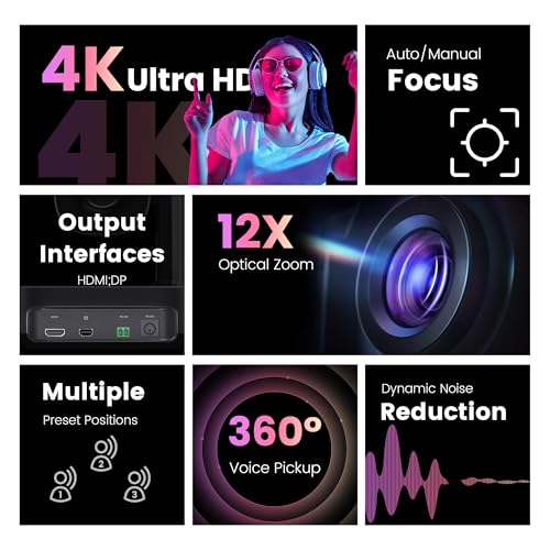 All-in-One PTZ 4K 12X Optical Zoom Video Conference Room Camera System with Bluetooth Speakerphone 2 Expansion Mics HDMI 78° Wide View Angle Lens Works with Zoom Webex for Large Meeting Room - style: 4K; 12X Zoom/HDMI; 2 EX MICS; All-in-one; After-sales e