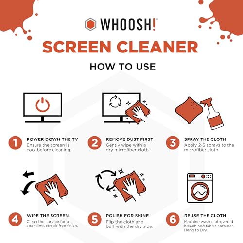 WHOOSH! Pro 16.9 fl oz Refillable TV Screen Cleaner & Microfiber Cloth - Streak-Free Cleaner for Flat Screens, OLED, LCD, Smart TV, Monitors - Non-Toxic, Odorless - Electronics Cleaning Kit - size: 16.9 Fl Oz (Pack of 1)