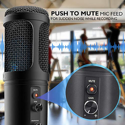 JOVIAL USB PC Recording Condenser Microphone - Blue LED, Adjustable Gain, Headphone Jack, Mute Control, Tripod Stand - Portable Pro Audio Condenser Desk Mic for Podcast Streaming Gaming