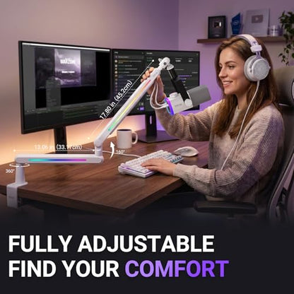 FIFINE RGB Microphone Boom Arm, Low Profile Rotatable Desk Mount Microphone Stand with Cable Management for Podcast, Streaming, Gaming, Studio-BM88ProW - color: white