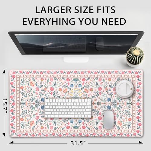 Pink Floral Desk Mat 31.5"x15.7" | Extra Large Mouse Pad, Non-Slip Rubber Base, Waterproof Desk Blotter, Stitched Edges, Smooth Computer Mat Office - color: Pink Floral