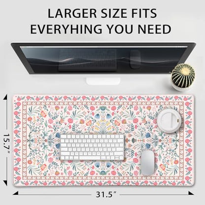 Pink Floral Desk Mat 31.5"x15.7" | Extra Large Mouse Pad, Non-Slip Rubber Base, Waterproof Desk Blotter, Stitched Edges, Smooth Computer Mat Office - color: Pink Floral