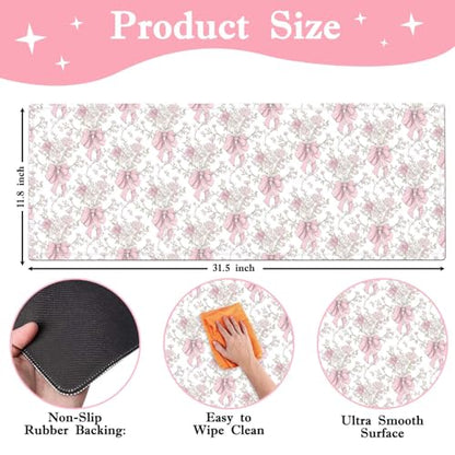 Pink Bow Keyboard and Mouse Pad,Large Pink Bow Desk Matt for Desktop,Cute Desk Pad Mat,Large Mouse Pad,Anti Slip Big Mousepad with Stitched Edges,Keyboard Pad Mouse Mat for Computer,Work,Gaming - color: Pink