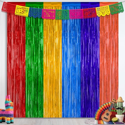 ZATAYE 2 Pack Mexican Color Fiesta Foil Curtain Streamer Decorations | Mexican Color, Metallic Foil, 3.28 x 7.05 FT, Tinsel Backdrop, Foil Curtain Streamer, Fiesta Party Decorations - color: Mexican Color, size: 2 PCS