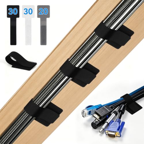 80 Pcs Cable Management Under Desk, Cord Organizer, Reusable Hook and Loop Cable Ties, Computer Accessories for Desk, Home Office Essentials, Black, White, Grey