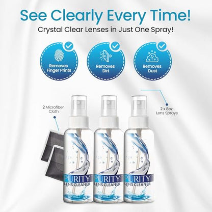 Purity Eyeglass Lens Cleaner Kit - 3 x 2oz Travel Size Lens Cleaner Spray Bottle + 2 Microfiber Cleaning Cloths - Safe for All Lenses (AR Coated Included), Eyeglasses and Screens - Clear - style: 5 Piece Set - 3 (2oz Lens Spray) + 2 (Microfiber Cloth)