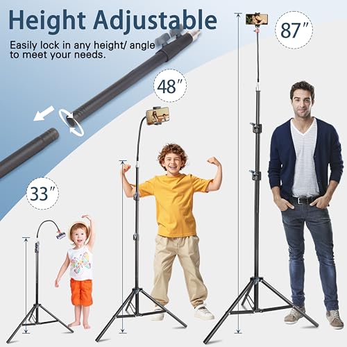 Phone Tripod Stand, UEGOGO 86" Tall Tripod with Flexible Gooseneck & Bluetooth Remote, Adjustable Phone Holder for Video Recording, Selfies, Live Streaming, Compatible with iPhone & Android