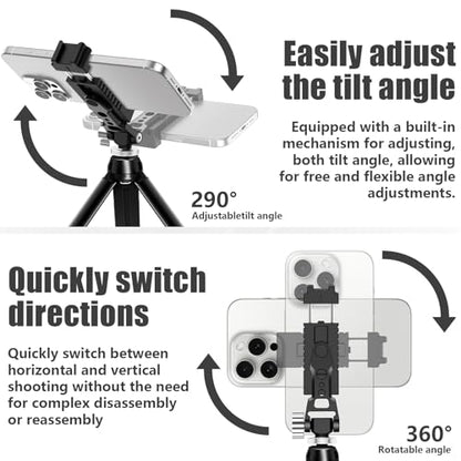 Aluminum Tripod Stand Mount Universal Smartphone Adapter with Cold Shoe Mount,360°Adjustable Cellphone Clamp Tripod Stand Holder,Compatible for iPhone,Samsung Galaxy and Cameras.