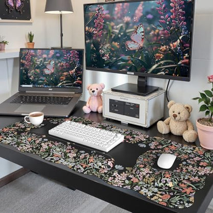iCasso Desk Mat Set,Large Mouse Pad with Wrist Rest,Ergonomic Keyboard Wrist Support for Women,Girly Floral Computer Mat with Scalloped Edges,Non-Slip Desk Pad Home Office Gaming (Black) - color: Black