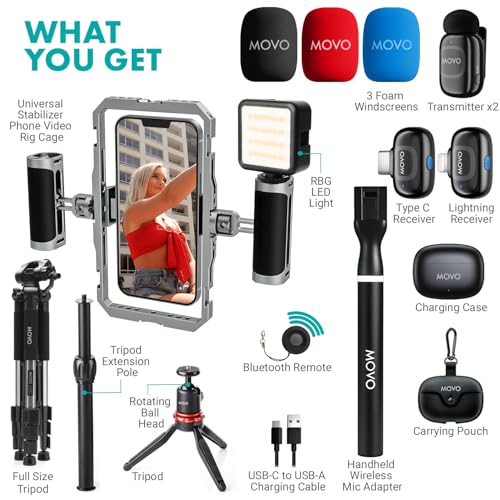 Movo iFilmer-PRO Smartphone Video Rig Kit – Stabilizer Cage with Dual Grips, Wireless Lavalier Microphones & Full Sized Tripod for iPhone/Android
