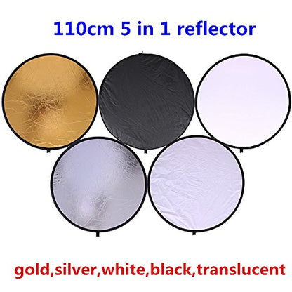 43"/110cm 5-in-1 Light Reflector for Photography Collapsible Multi-Disc Round with Bag - Translucent, Gold, Silver, Black and White for Studio Photography Lighting and Outdoor Lighting - size: 43inch 5in1