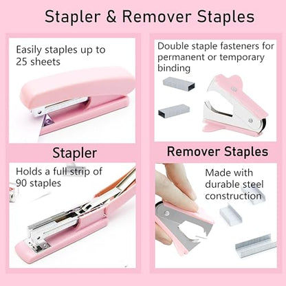 Pink Office Supplies, Pink Desk Accessories, Stapler, Staple Remover, Tape Holder, Pen Holder, Ballpoint Pen, Scissor, Binder Clips, Paper Clips and 1000pcs Staples. - color: Pink