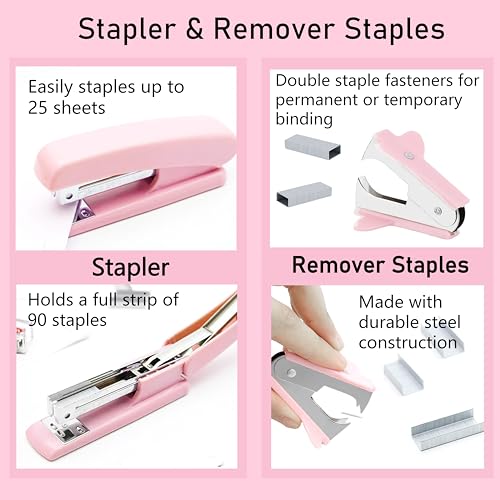 Pink Office Supplies, Pink Desk Accessories, Stapler, Staple Remover, Tape Holder, Pen Holder, Ballpoint Pen, Scissor, Binder Clips, Paper Clips and 1000pcs Staples. - color: Pink