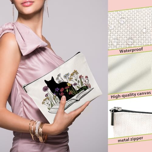 Cat Gifts for Women, Book Lovers Cosmetic Bag, Multicolor Floral Zipper Travel Makeup Bag - color: Book Flower Cat