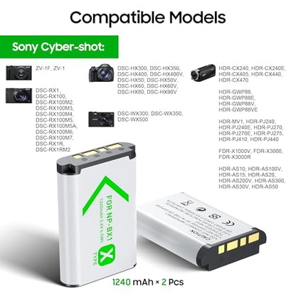 NP-BX1 Battery(2 Pack) and Charger(2CH) Set,Camera Accessories kit for Sony Lithium Ion NP-BX1,RX100 VII/VIII,ZV1 II,ZV1F,ZV-1F,DSC-HX400,RX1 Rechargeable Dual Batteries Case,Replacement Attachments