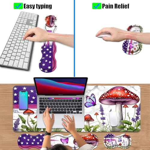 4 in 1 Ergonomic Keyboard Wrist Rest & Mouse Pad Wrist Rest Set, Large XXL Gaming Desk Mat 31.5"x 11.8" with Non-Slip Base, Memory Foam for Home Office Study Gaming, American Flag Mushroom Butterfly - color: American Flag Mushroom Butterfly