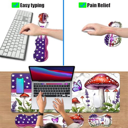 4 in 1 Ergonomic Keyboard Wrist Rest & Mouse Pad Wrist Rest Set, Large XXL Gaming Desk Mat 31.5"x 11.8" with Non-Slip Base, Memory Foam for Home Office Study Gaming, American Flag Mushroom Butterfly - color: American Flag Mushroom Butterfly