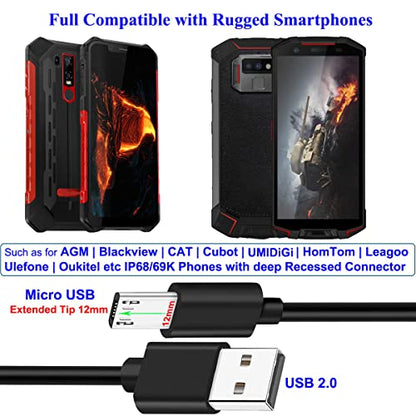 2Pcs 3FT 12mm Long Tip Micro USB Cable Compatible with Blackview BV4000 BV4900 BV5500 Pro/Plus BV5800 BV6000 BV6000s /Oukitel WP12 WP8 Pro, WP6/Doogee/Ulefone Armor X7 Pro X6 X5 Rugged Phones
