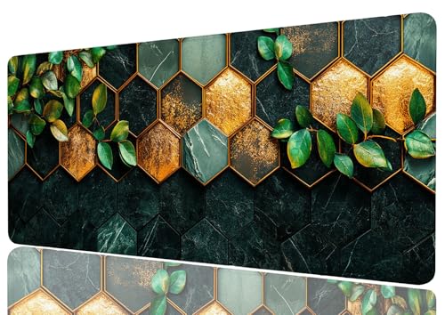Gold Leaf Desk Mat Gaming Large Mouse Keyboard Pad Green Marble Honeycomb Desktop Mat for Keyboard and Mouse Extra Full Desk Computer Pads 31.5" x 11.8" - color: Gold Leaf, size: 31.5L x 11.8W inches