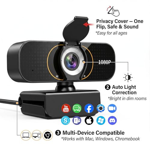 1080P Webcam for PC & Laptop with Microphone — Stay Connected | Plug and Play No Driver, Crystal Clear Video Auto Lighting, Privacy Physically Protected, Mount It Anywhere in Seconds - color: Black