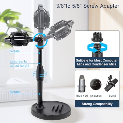 RTNLIT Desktop Mic Stand with Phone Holder, Adjustable Desk Microphone Stand with Pop Filter, Shock Mount, Mic Clip, 3/8" to 5/8" Screw Adapter for Blue Yeti Snowball Shure SM7B and Other Mics
