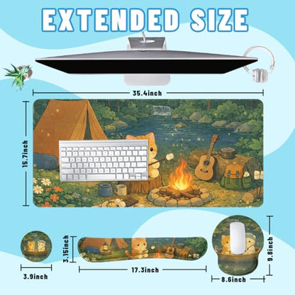Cute Cat Desk Mat Set Cozy Camping Large Mouse Pad with Wrist Rest 4in1 Desk Mat for Desktop Ergonomic Computer Desk Arm Wrist Anti-Slip Computer Ergonomic Mouse Pad Home Office Gaming - color: Cute Cat