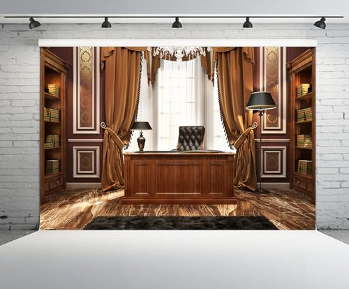 9x6ft Luxury Wood Home Office Backdrop Retro Classic Desk Chandelier Bookshelf Window Library Video Conference Background Business Conversation Room Video Recording Zoom Calls Photo Props - size: 9x6FT