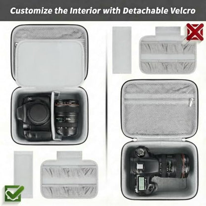 Comecase Hard Camera Case for Canon R50/R100/T7, for Sony A6400/ZV-E10 | Small Camera Bag with Hard EVA Shell, Adjustable Dividers, 6 Battery/SD Organizer Slots and Shoulder Strap, case only - color: Jet Black