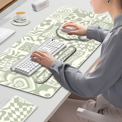 Large Desk Mat, Beige Gaming Mouse Pad, Desk Pad Protector, XXL Mousepad + Keyboard Wrist Rest+Mouse Wrist Rest+Coaster Set with Ergonomic Desk Pad for Home Office PC Computer, Retro Boho Aesthetic - color: Beige Retro Boho
