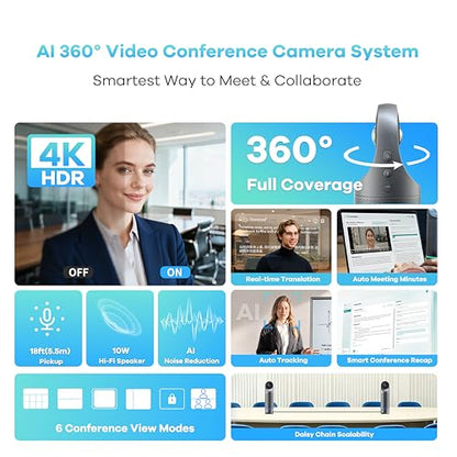 KanDao Meeting PRO 2 4K HDR Video Conference Camera with SmartNote,360 Degree, Auto Tracking, Noise-Canceling Mics, Works with Zoom, Teams & More(Real-Time Translations/Meeting Summary/Content Recap) - color: Black-Grey