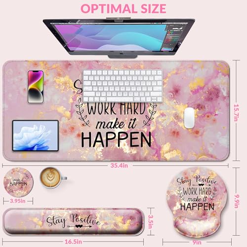 Desk Mat Set + Keyboard and Mouse Pad with Wrist Rest Support,4-in-1 Large Mousepad Computer Mats for Desktop Home & Office-Pink Positive - color: C1-Pink Stay Positive