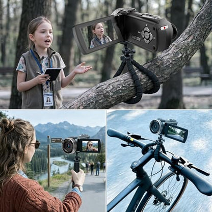 【Manual Focus】 2026 New 4K 60FPS Digital Camcorder, Video Camera with Touch Screen, 2.4G Remote Control, External Lavalier Microphone, Octopus Tripod, 32G TF Card & 2 Batteries for Vlogging