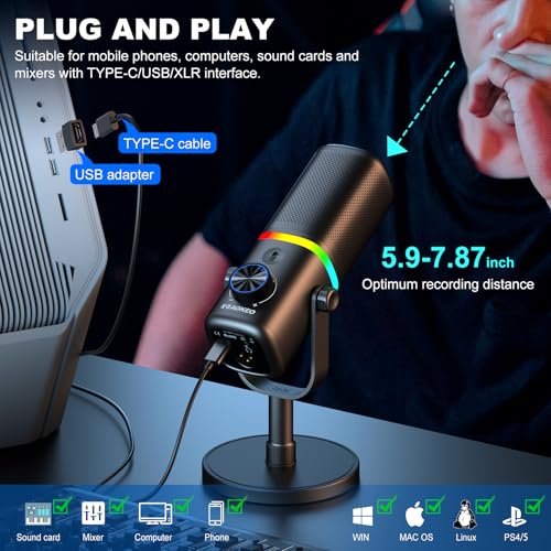 Aokeo Microphone for PC, AK-10 USB/XLR Dynamic Desktop Microphone for Gaming,Podcast,Streaming with RGB Light,Volume Control,Mute Button,Noise Reduction(White) - color: White