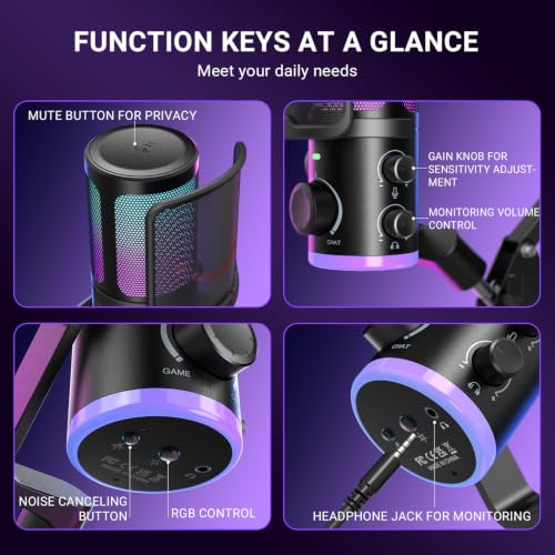 FIFINE USB Streaming Microphone Kit for Gaming, Condenser Mic with RGB, Noise Cancellation, Game/Chat Dial-Plug & Play for PC Twitch/YouTube/Podcast, Includes Boom Arm & Pop Filter-AmpliGame AM6T