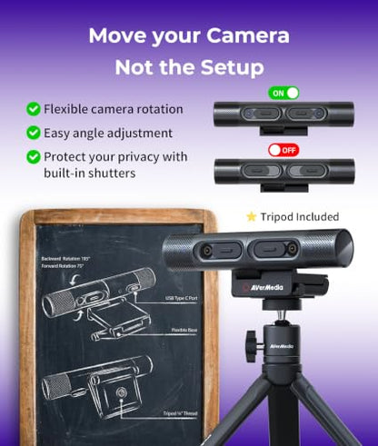 AVerMedia PW313D DualCam 2K Document Camera and Webcam for PC/Mac/Laptop, Autofocus, AI Noise Reduction, Online Teaching, Works with Zoom/Teams/Google Meet, Includes Tripod, TAA/NDAA Compliant - style: 2K30 DualCam