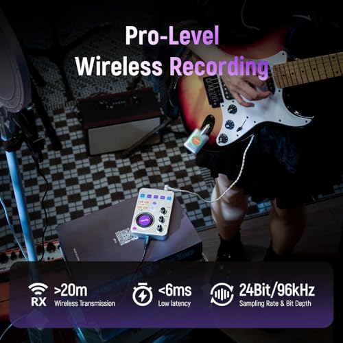 Synido Wireless Guitar Sound Card, 24bit/96kHz Low Latency Audio Interface | Built-in rechargeable battery & lightweight portable design, perfect for recording, live streaming and DJ performance