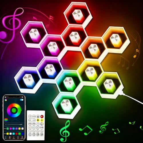 Hexagon LED Lights - 12 Pack Smart APP RGBW Gaming LED Light with Remote Control & Music Sync Honeycomb Shape Hexagon Wall Lights for Bedroom, Living Room Wall, Gaming Decor - color: RGB-12pcs