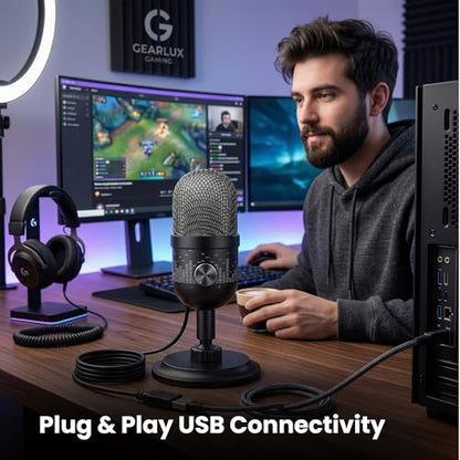 Gearlux USB Condenser Microphone | Cardioid Streaming & Podcast Mic | Plug-and-Play | One-Tap Mute with Stand