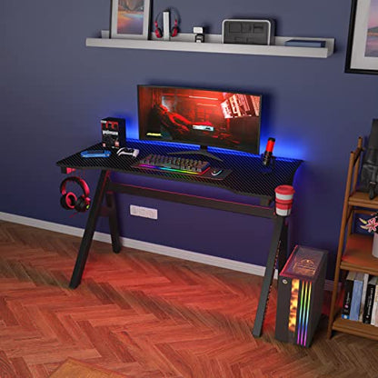 BestOffice | 47" Gaming Desk | Red | Carbon Fiber Textured Computer Desk | Sturdy Steel Frame, Cup Holder, Headphone Hook, Cable Management Holes, Adjustable Leg Pads | for Gamers, Home, Office - color: Red, size: 47 Inch R Shaped