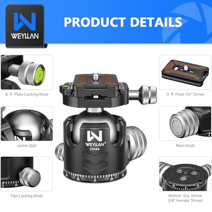Tripod Head 44mm Low Profile Ball Head, WEYLLAN DH44 360 Degree Metal Panoramic Camera Ball Head Mount with Two Quick Release Plates, Arca Ballhead for Tripod Monopod DSLR Camera Max Load 55lbs/25kg - size: 44mm
