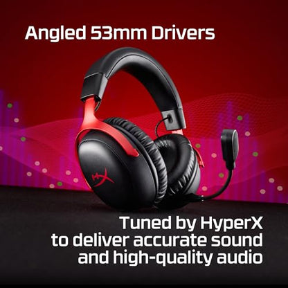 HyperX Cloud III S – Wireless Gaming Headset, 2.4GHz, Bluetooth, Battery Life up to 120 Hours 2.4GHz / 200 Hours Bluetooth, 53mm Angled Drivers, 10mm Detachable Mic, Customizable – Black/Red | Up to 120h and 200h, 53mm Angled Drivers, Detachable 10mm Boom