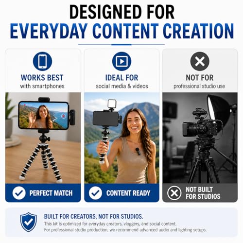 Acuvar Vlogging Kit for iPhone & Android with Wireless Microphone – Flexible Tripod Stand with LED Light, Phone Mount, Remote & Carry Case for TikTok, YouTube & Content Creators
