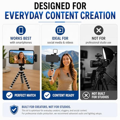 Acuvar Vlogging Kit for iPhone & Android with Wireless Microphone – Flexible Tripod Stand with LED Light, Phone Mount, Remote & Carry Case for TikTok, YouTube & Content Creators