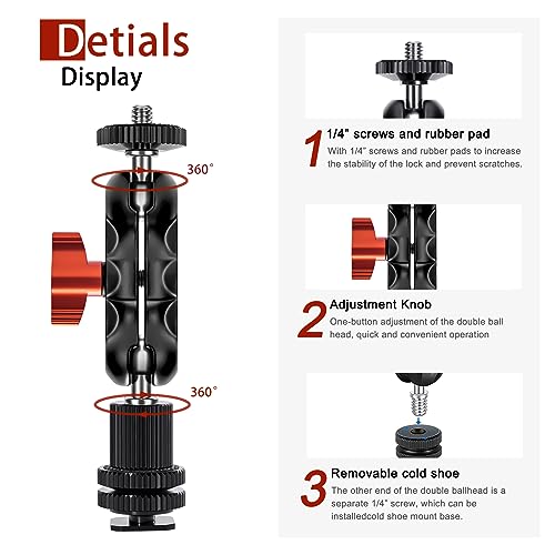 Mini Magic Arm Multi-Function Double Ball Head with Cold Shoe Mount and 1/4’’-20 Screw for Monitor, LED Light, Microphone, Max Load up to 2kg/4.4lb - 2 Pieces