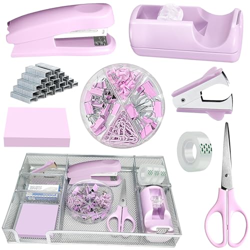 Purple Office Desk Accessories,Purple Office Supplies Set,Stapler and Tape Dispenser Set,Tape,Staple Remover, Staples,Paper Clips,Scissor,Sticky Note and Desk Drawer Organizer - color: Macaron Purple