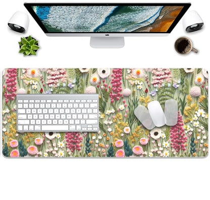 Embroidered Flower Wildflower Embroidery 3D Pattern Mouse Pad Desk Pad,Stitched Edges Non-Slip Waterproof Rubber Base Mous Mat for Office,Computer,Keyboard,Laptop and Home Desk Pad(27.5X11.8 in) - color: Embroidered Flower