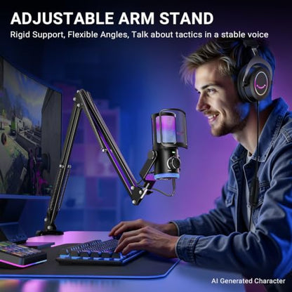 FIFINE USB Streaming Microphone Kit for Gaming, Condenser Mic with RGB, Noise Cancellation, Game/Chat Dial-Plug & Play for PC Twitch/YouTube/Podcast, Includes Boom Arm & Pop Filter-AmpliGame AM6T